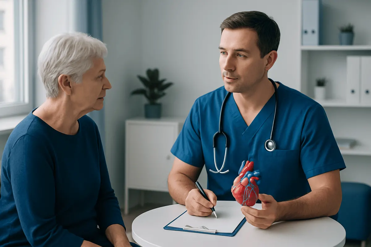 Cardiologist explaining heart stent procedure to elderly woman in clinic.