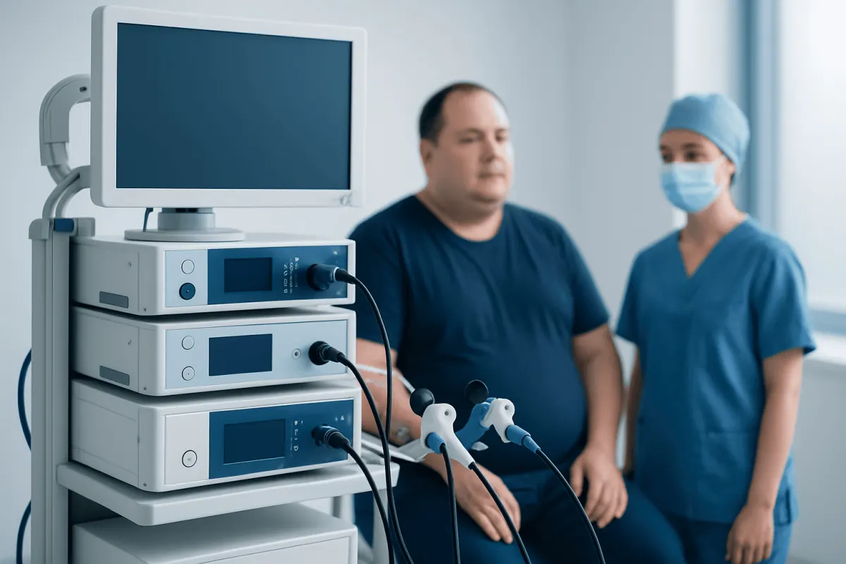 Patient undergoing gastric sleeve consultation with medical staff in hospital.