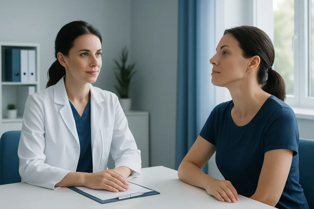 Consultation between a doctor and a patient in a medical office.