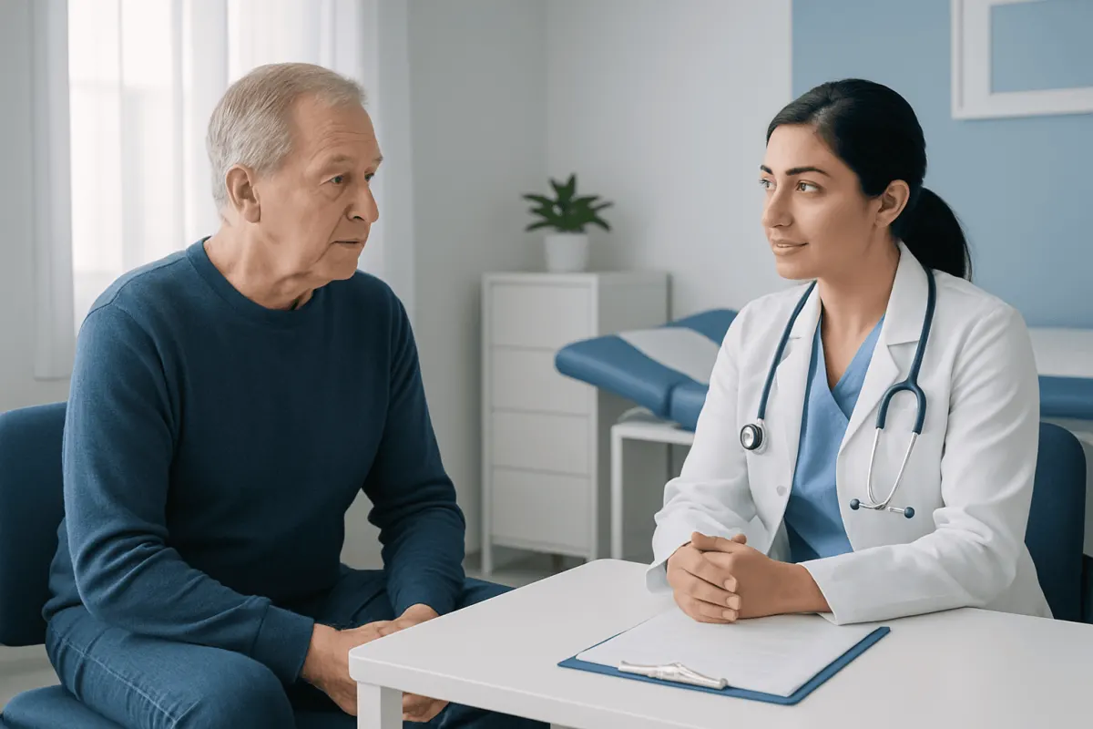 Doctor consulting with elderly patient in a medical office.