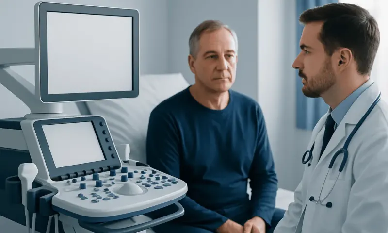 Doctor consulting with patient in hospital room with ultrasound equipment.