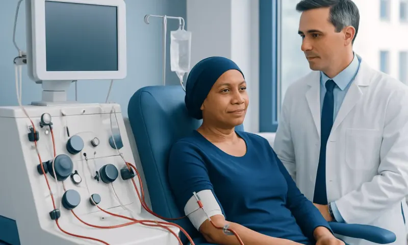 Patient undergoing dialysis treatment in a hospital clinic.