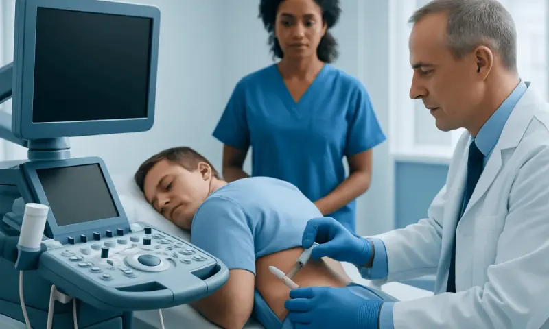 Doctor performing nerve block injection on a young patient in hospital.