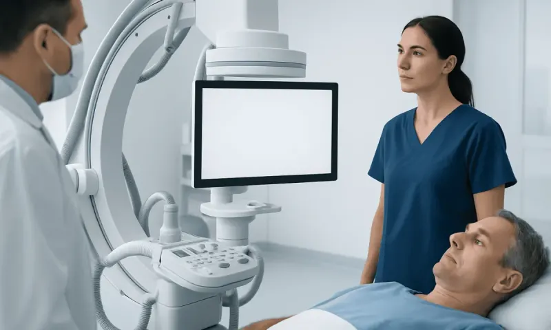 Medical professionals perform a diagnostic procedure on a patient in a hospital.