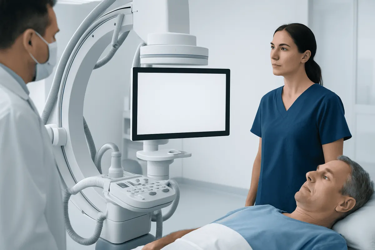 Medical professionals perform a diagnostic procedure on a patient in a hospital.