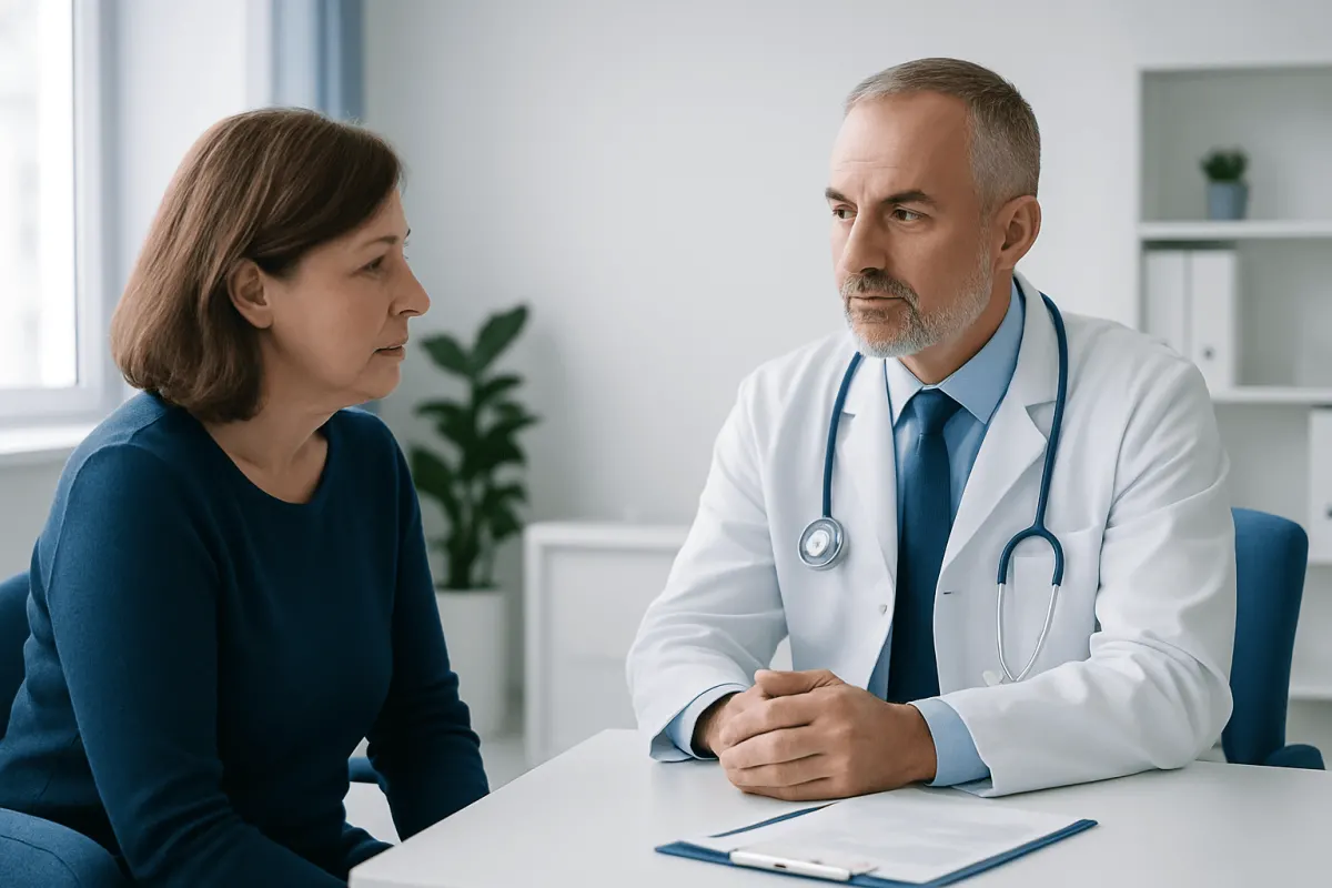 Doctor consulting with a female patient in a medical office.