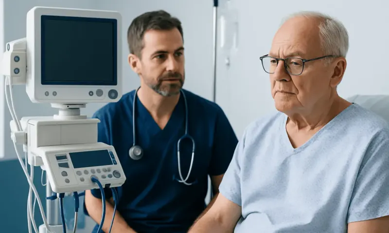 Doctor consulting with elderly patient in hospital room with medical equipment.