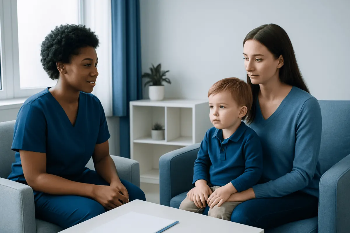 Child in therapy session with a healthcare professional and mother.