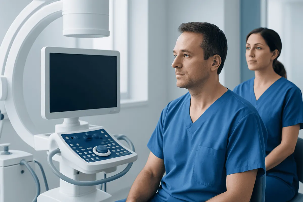 Medical professionals preparing for a diagnostic procedure in a hospital.
