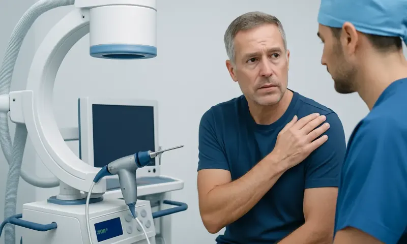 Patient consulting with doctor in medical examination room with imaging equipment.