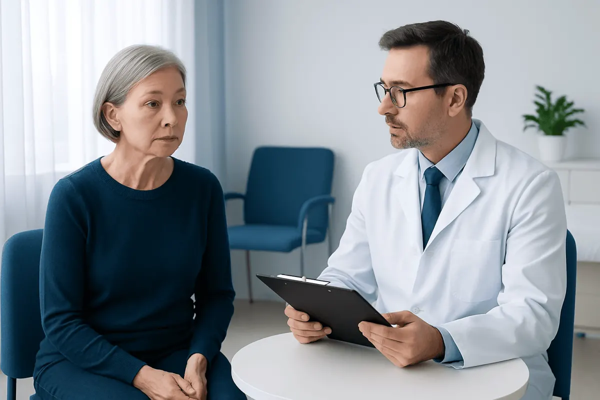 Doctor consulting with an elderly woman in a medical office.