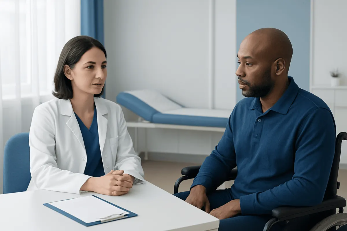 Doctor consulting patient in a medical office setting.