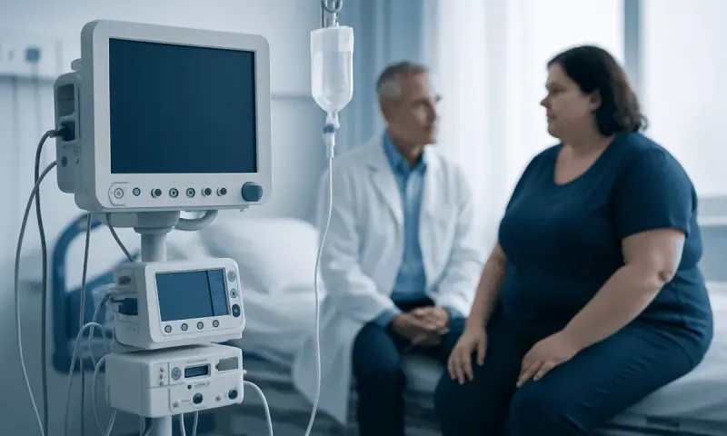 Doctor consulting a patient in a hospital room with medical equipment nearby.