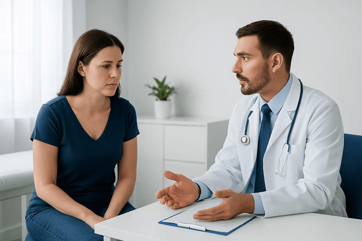 Doctor consulting with a female patient in a medical office setting.