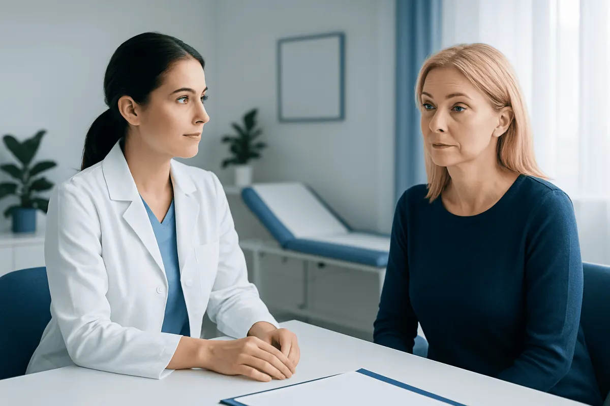 Doctor consulting with a patient about eye lift procedure in a clinic.