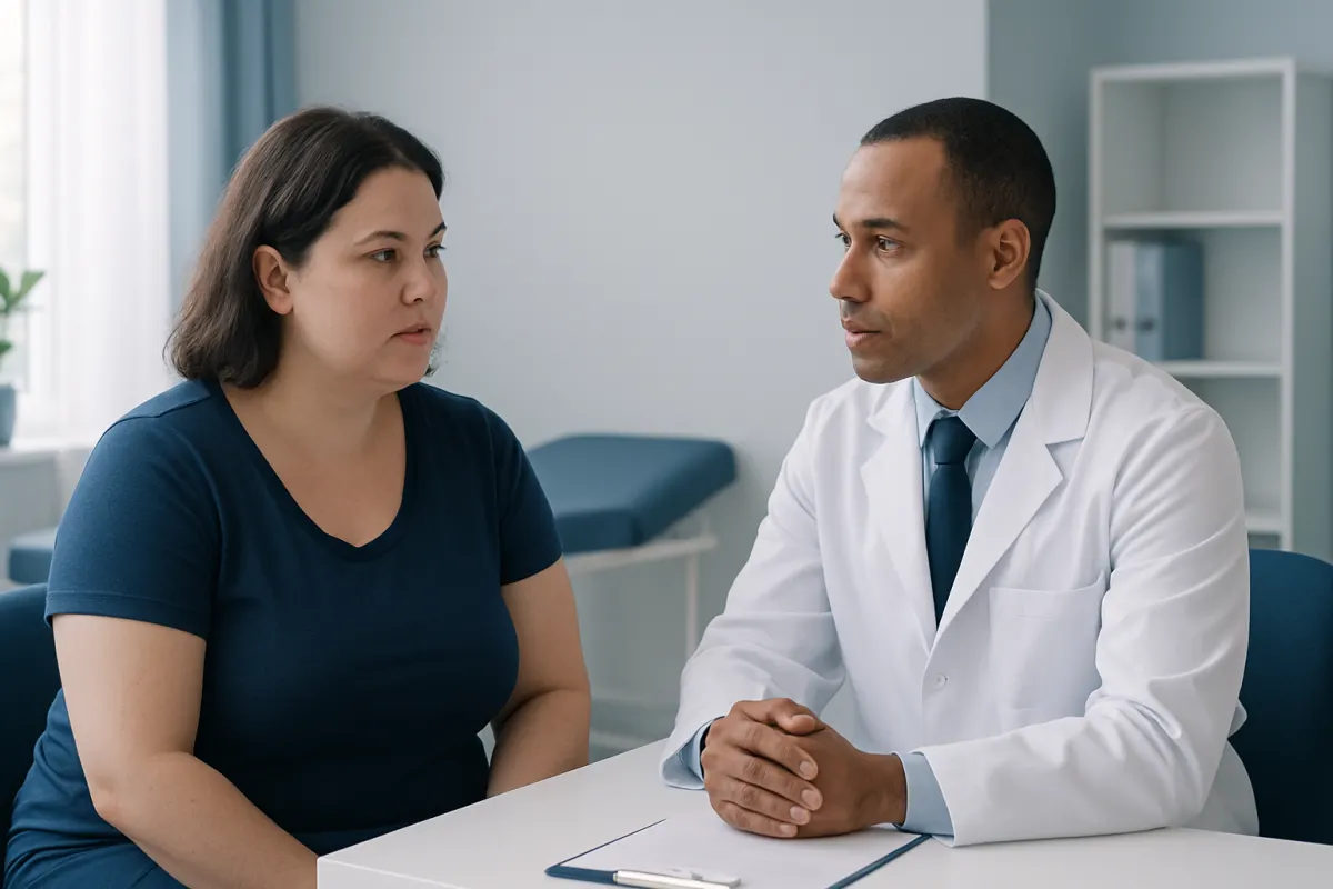 Doctor consulting with a patient about breast lift and reduction options.