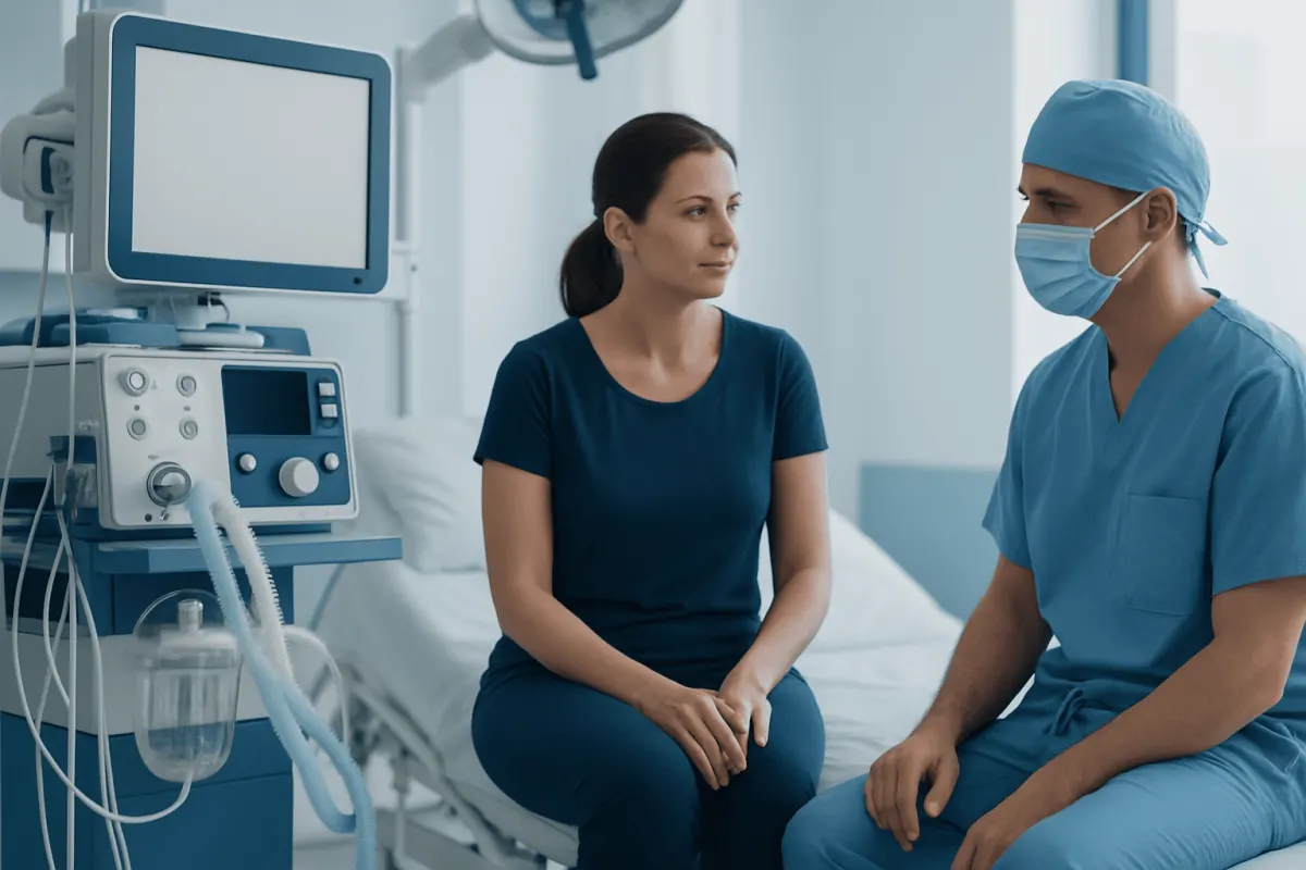 Doctor and patient discussing bunion surgery in hospital room.