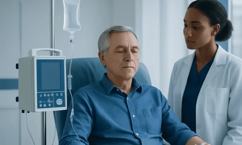 Patient receiving chemotherapy treatment in hospital with medical staff present.