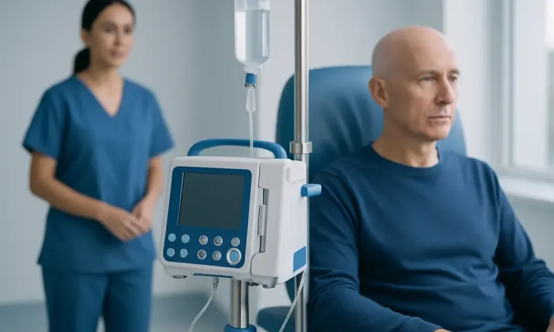 Patient receiving chemotherapy treatment in hospital setting.