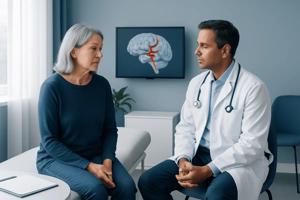 Doctor consulting with an elderly female patient about stroke treatment options.