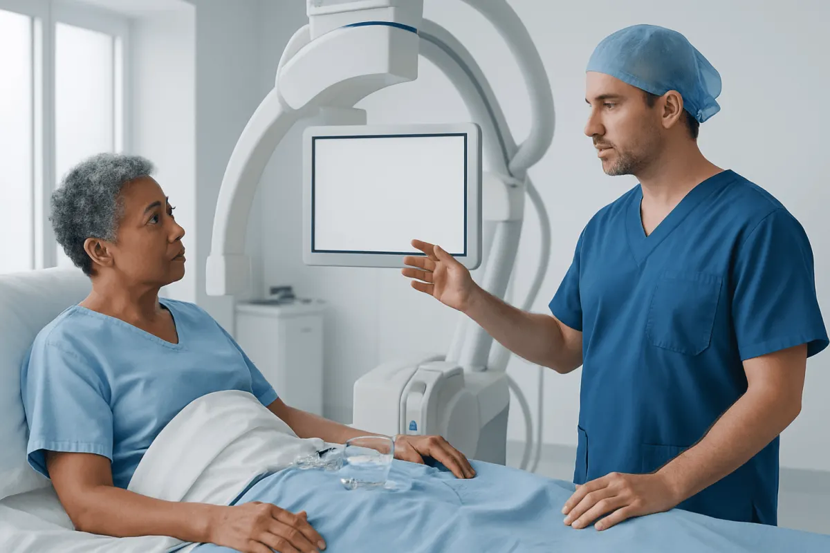 Cardiologist explaining procedure to patient in hospital room.