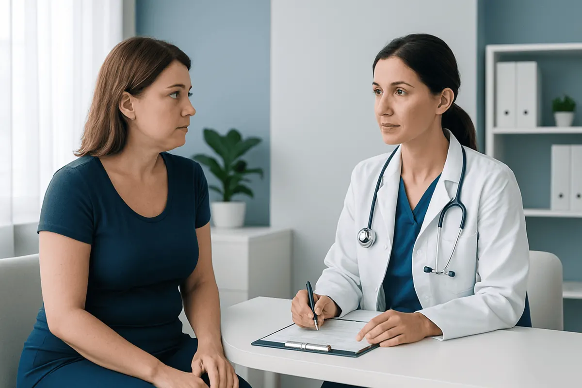 Doctor consulting with patient about cryolipolysis treatment options.