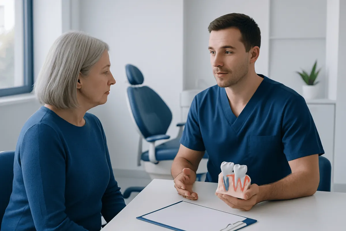 Dentist explaining dental implant procedure to a patient in a clinic.