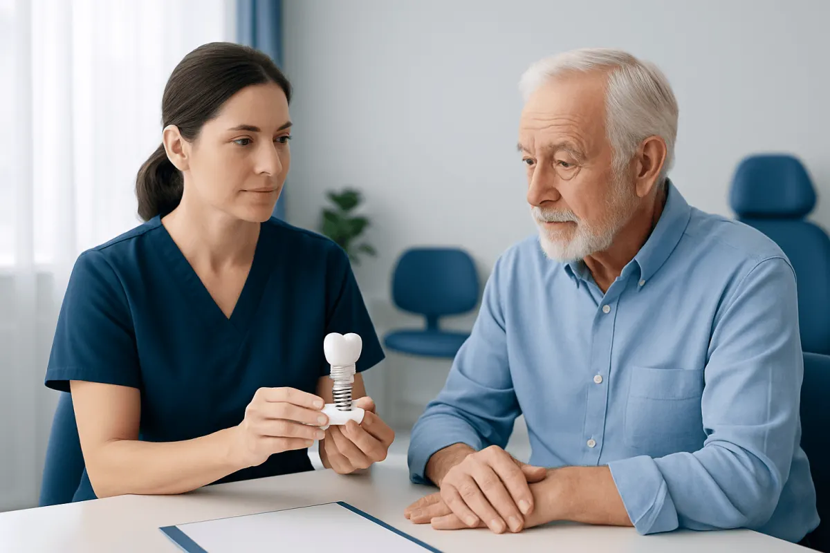 Dental professional explaining dental implant to senior patient in clinic.