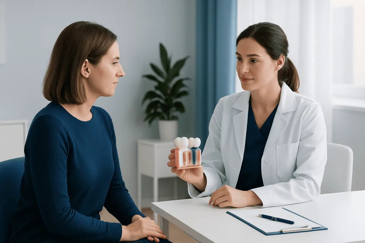 Dentist explaining dental implant options to patient in clinic.