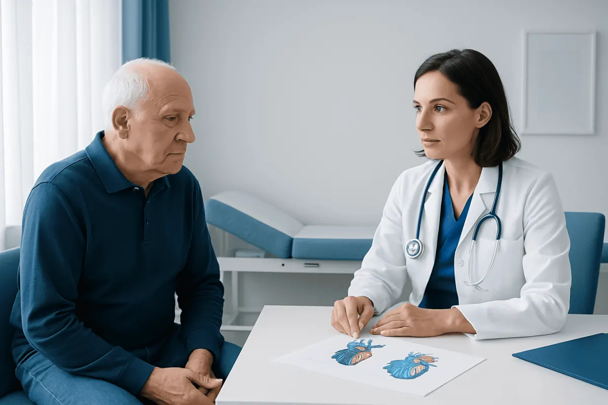 Cardiologist consulting with elderly patient in hospital room.