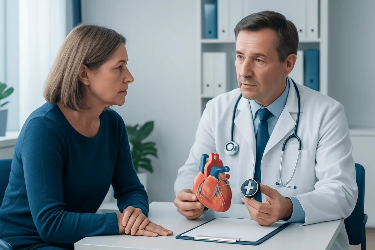 Cardiologist explaining heart valve options to a patient in consultation.