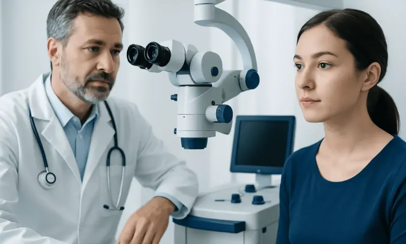 Ophthalmologist examining a patient with a slit lamp microscope at a clinic.
