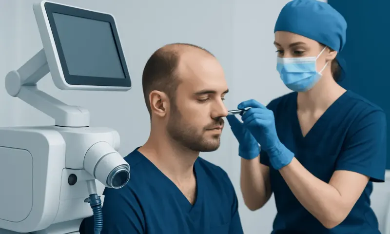 Medical professional performing a hair transplant procedure on a patient.