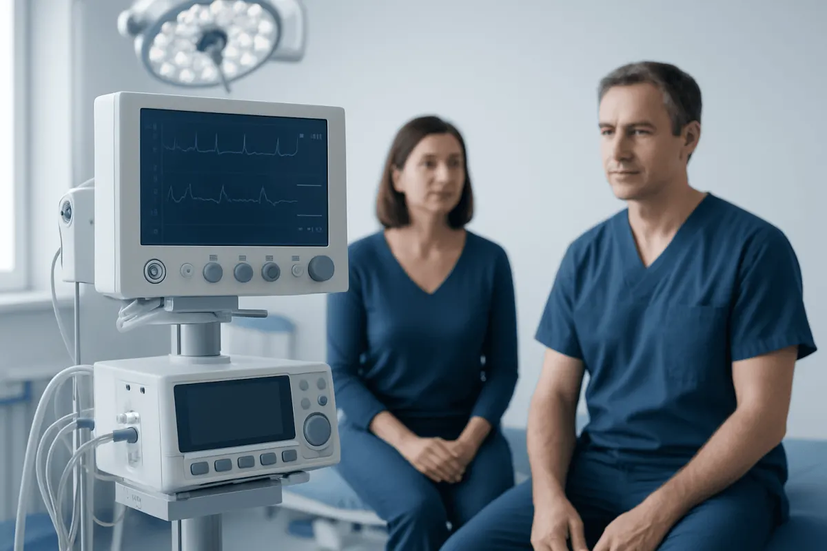 Medical professionals in a hospital room with monitoring equipment.
