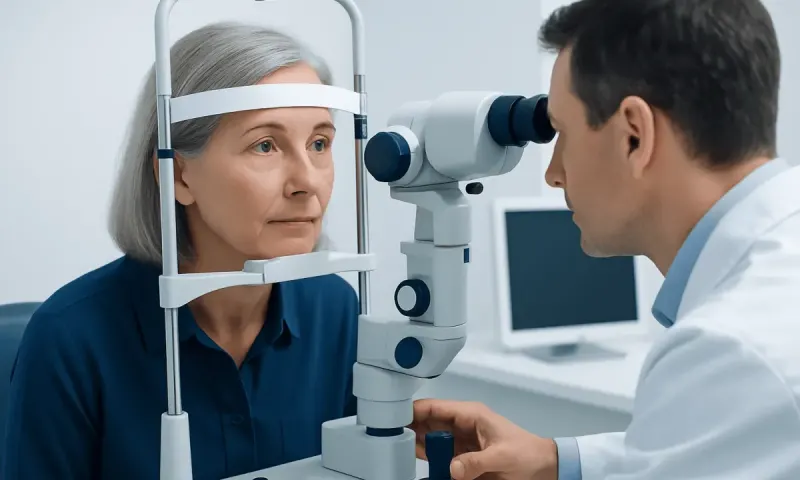 Ophthalmologist examining elderly woman's eye with slit lamp.