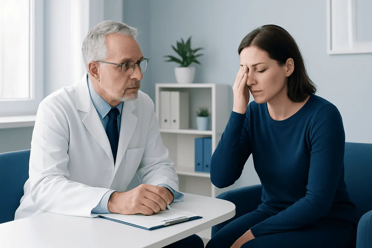 Doctor consulting with a patient about eye discomfort in a clinic setting.
