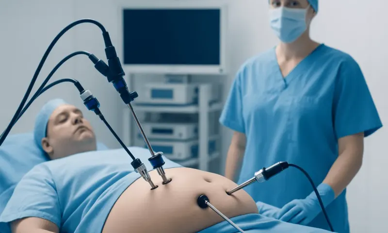 Laparoscopic weight loss surgery being performed in a hospital setting.