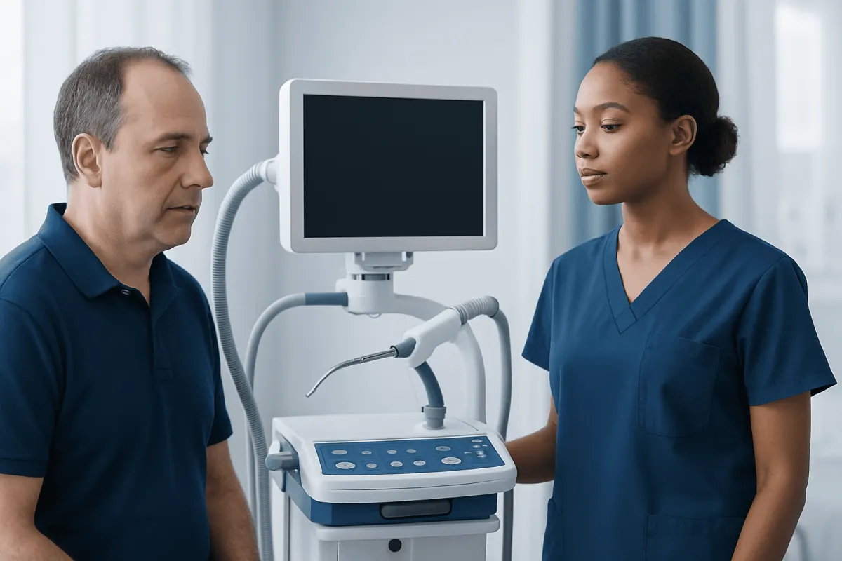 Doctor and nurse preparing medical equipment in hospital setting.
