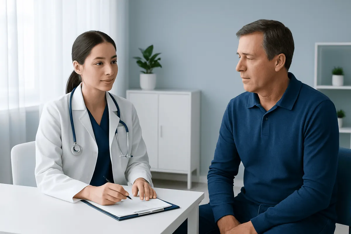 Doctor consulting with a patient in a modern medical office.