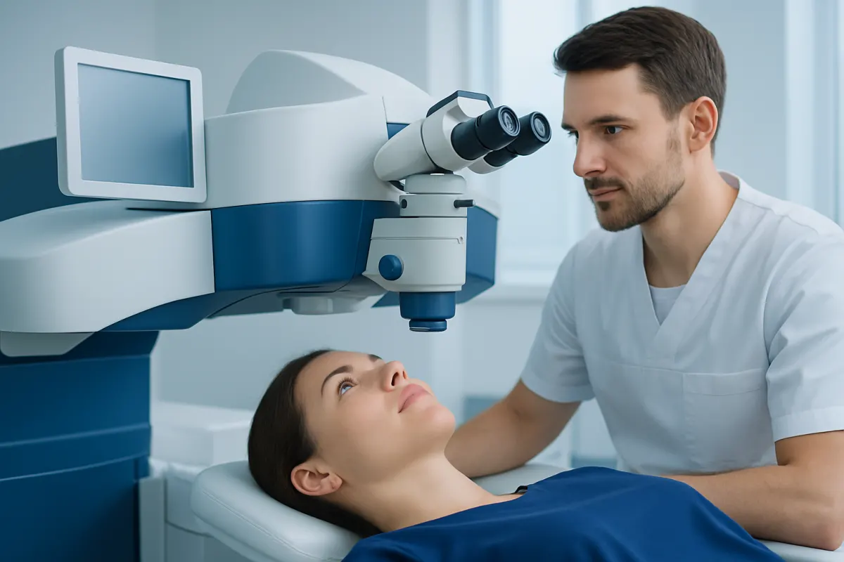 Ophthalmologist performing eye exam with advanced equipment.