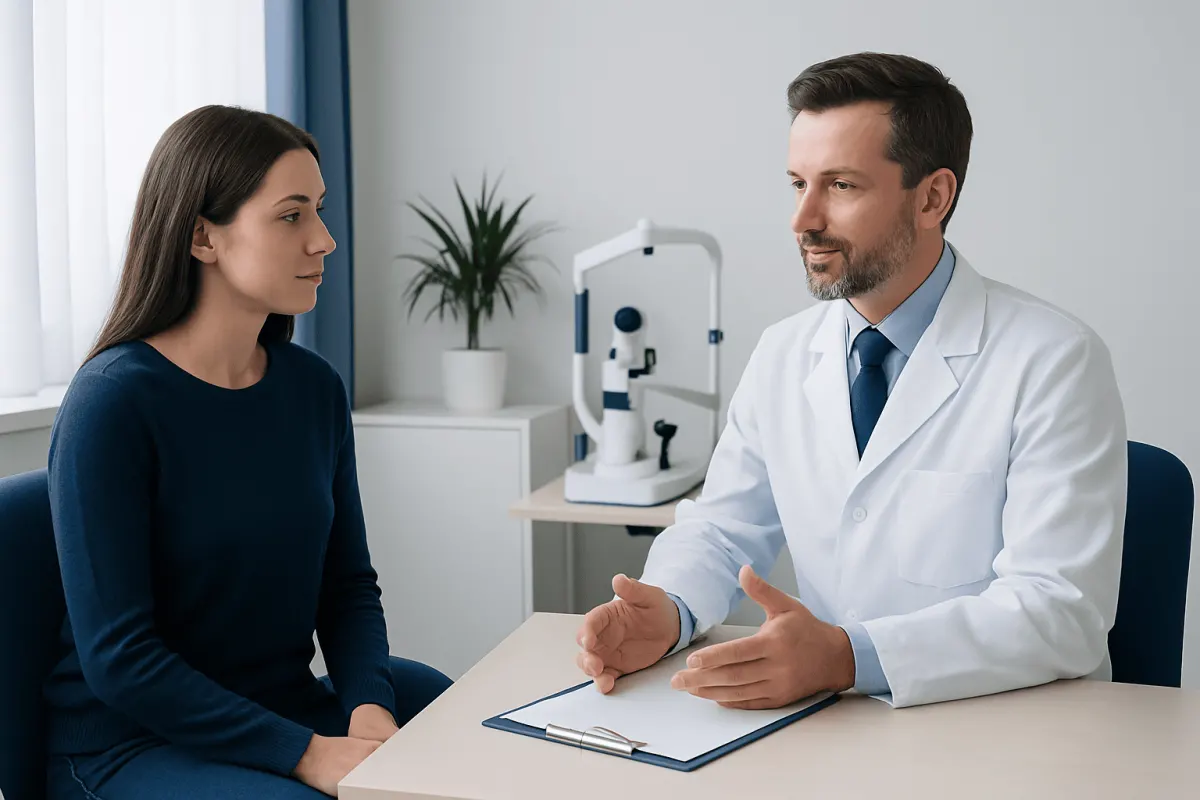 Ophthalmologist consulting with a patient in a modern clinic setting.