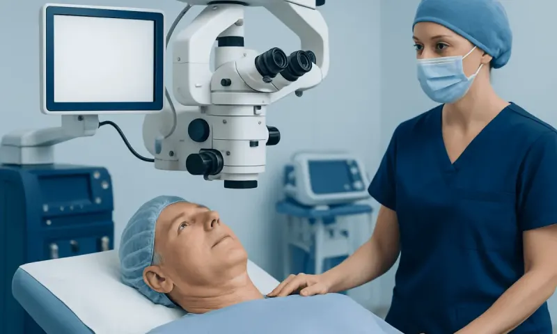 Ophthalmologist preparing for eye surgery with advanced equipment in a hospital.