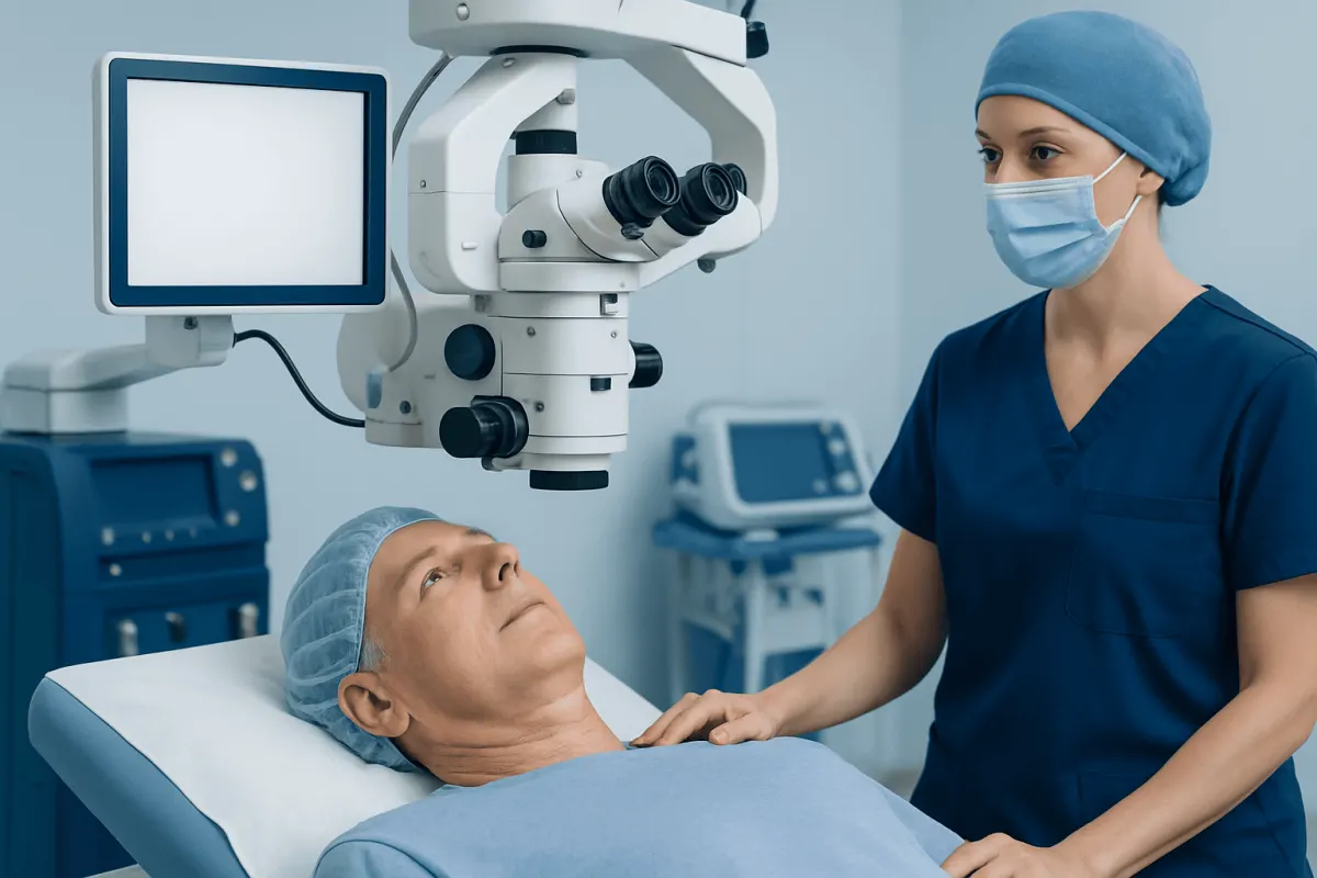 Ophthalmologist preparing for eye surgery with advanced equipment in a hospital.