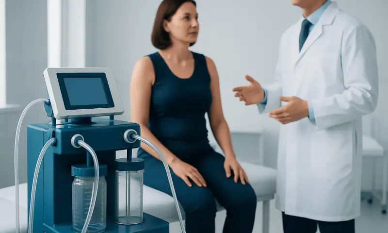 Doctor explaining liposuction procedure to patient in clinic setting.