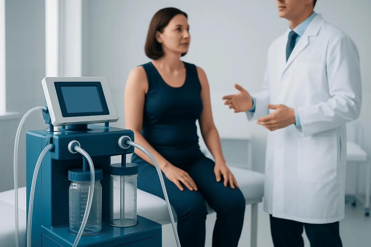 Doctor explaining liposuction procedure to patient in clinic setting.
