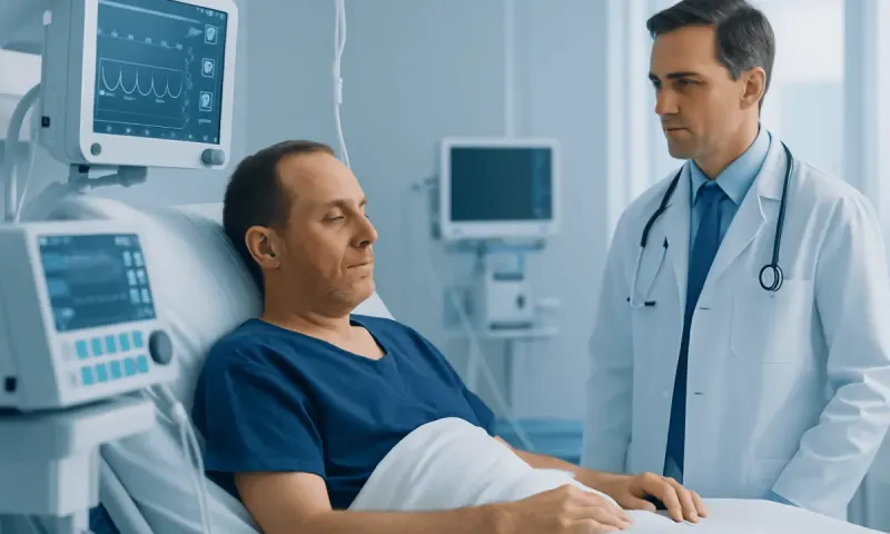 Doctor consulting with patient in hospital room with medical monitors.