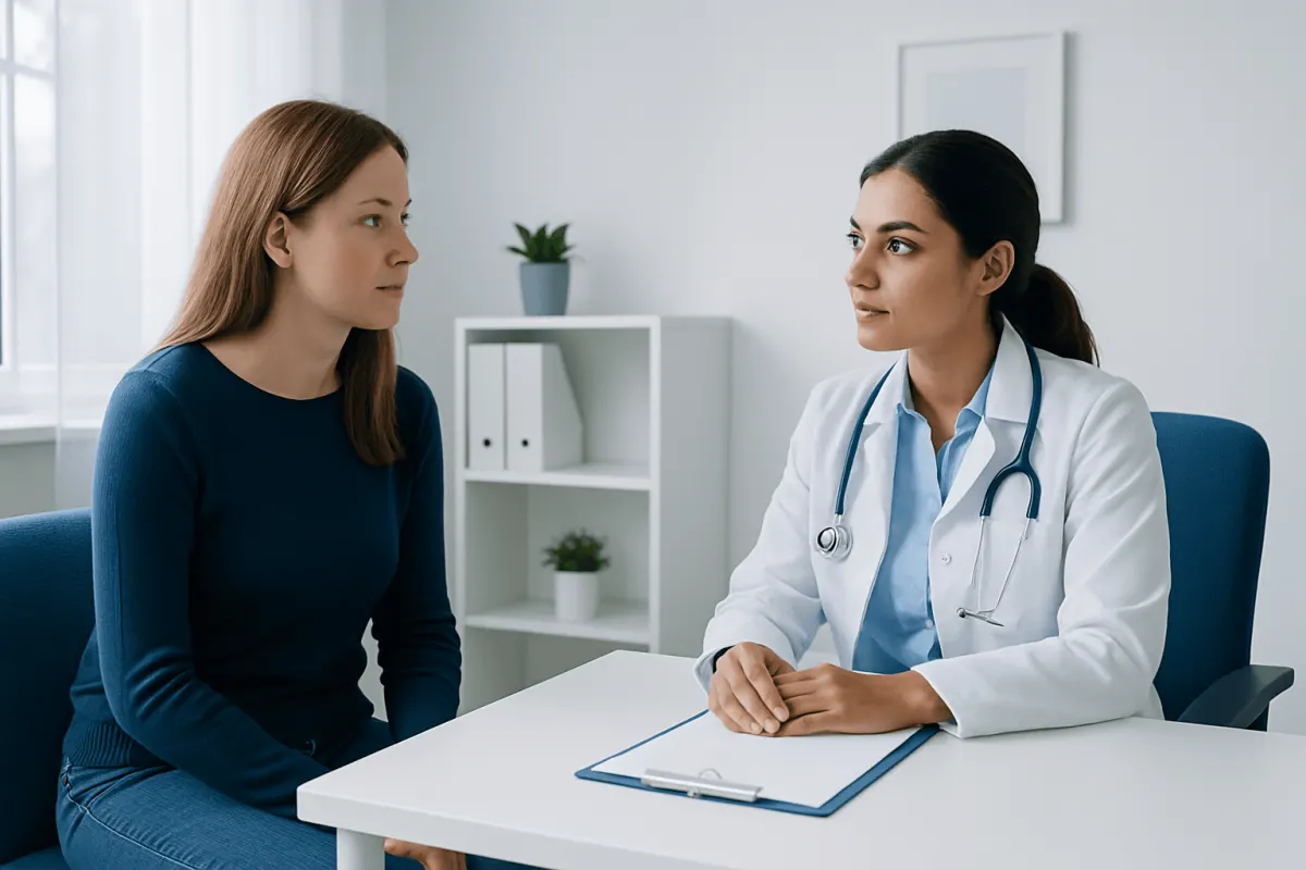 Doctor consulting with a patient about benign breast lump treatment options.