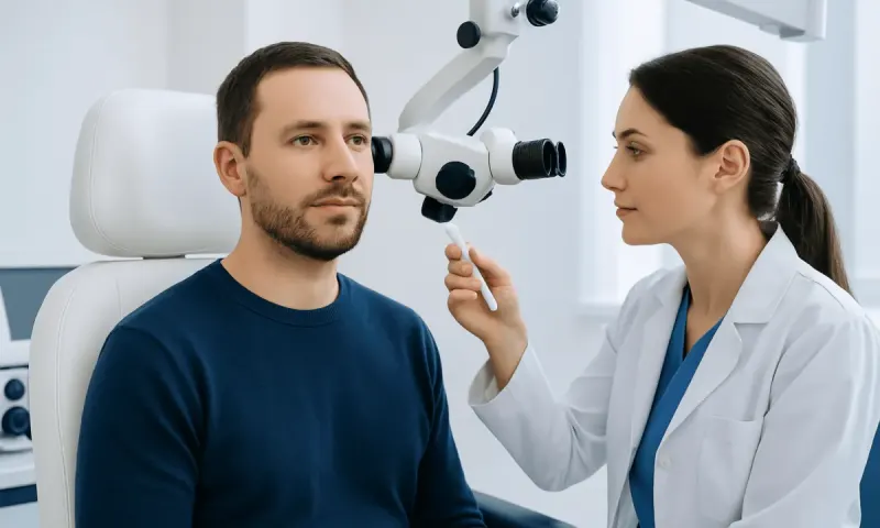 Doctor examining patient's ear in a clinical setting at Acibadem Hospitals.
