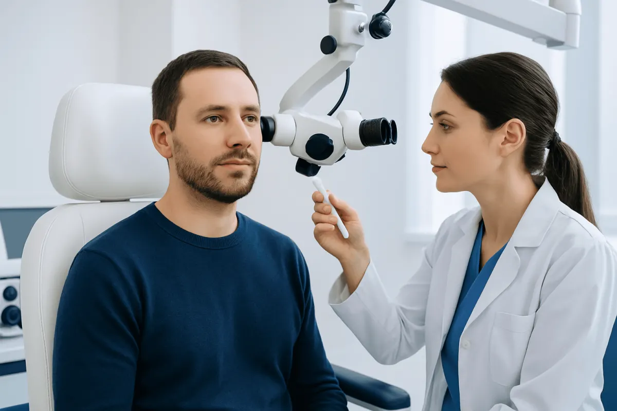 Doctor examining patient's ear in a clinical setting at Acibadem Hospitals.