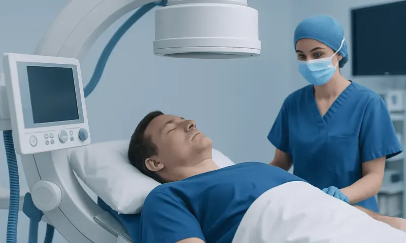 Patient undergoing a medical procedure at Acibadem Hospital with healthcare professional.